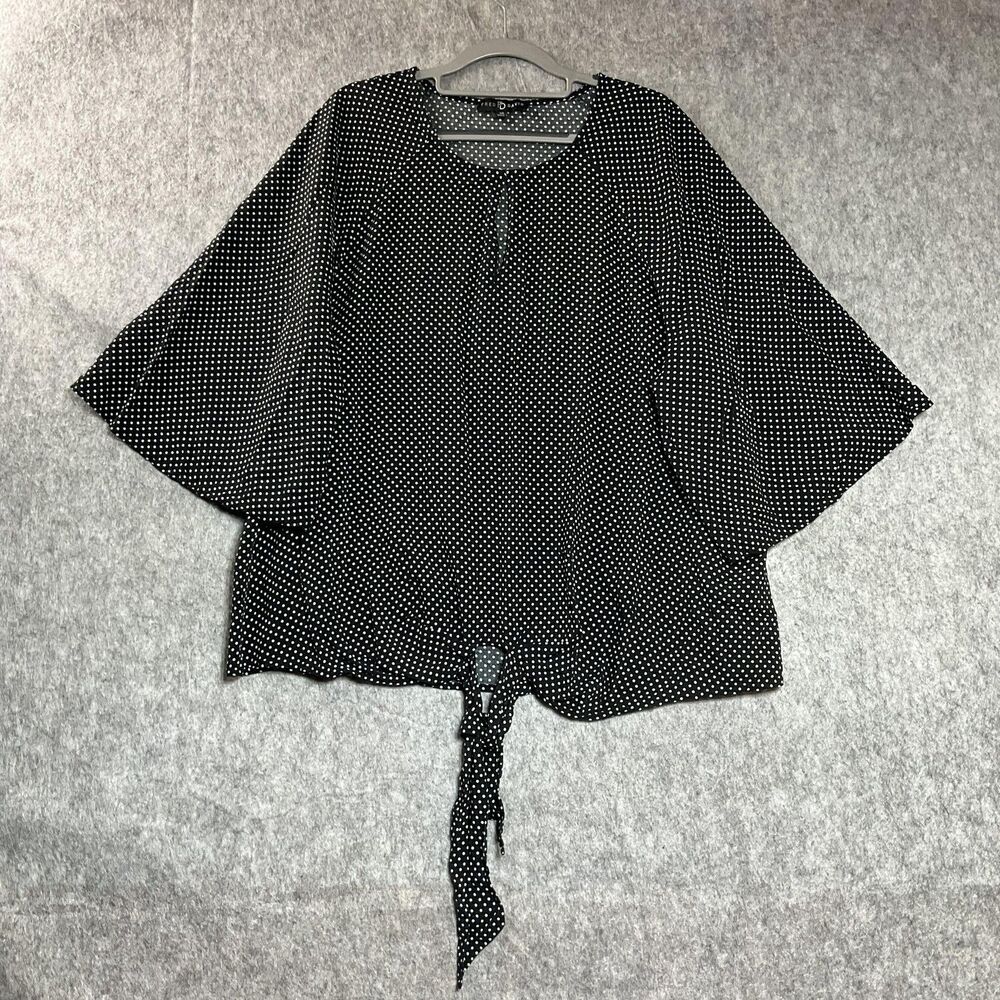 Fred David Blouse Womens 3X Black White Polka Dot Tie Front Rayon Kimono Sleeve